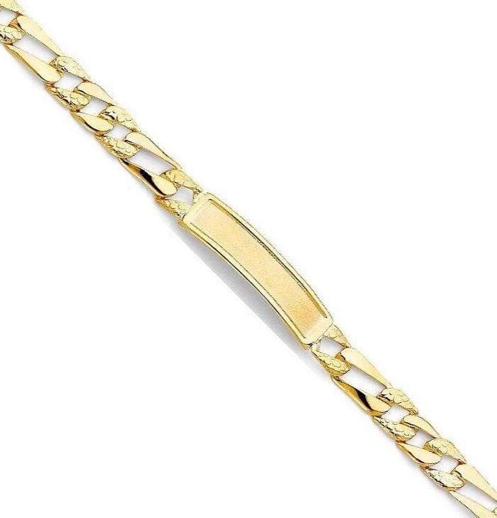 NEW 14K YELLOW GOLD STAMP NUGGET FIGARO LINK FRAME ID BRACELET: NEW 14K YELLOW GOLD STAMP NUGGET FIGARO LINK FRAME ID BRACELET STAMP NUGGET FIGARO LINK FRAME ID BRACELET NEW 14K YELLOW GOLD LENGTH - 8.5in Apx WEIGHT - 16g