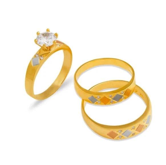 NEW 14K TRI COLOR GOLD WEDDING TRIO RING SET: NEW 14K TRI COLOR GOLD WEDDING TRIO RING SET 14K Tricolor Gold Ladies band and engagement ring is size 7 Men's ring is size 10 Rings Also Sold Separately Available in White Gold Weight: 6.8 Grams