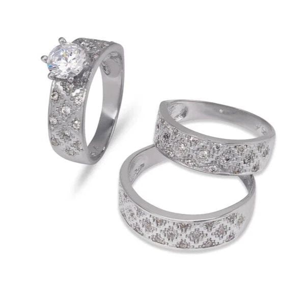 NEW 14K WHITE GOLD WEDDING TRIO RING SET: NEW 14K WHITE GOLD WEDDING TRIO RING SET 14K White Gold Ladies band and engagement ring is size 7 Men's ring is size 10 Rings Also Sold Separately Available in Two Tone Gold Weight: 10.7 Grams