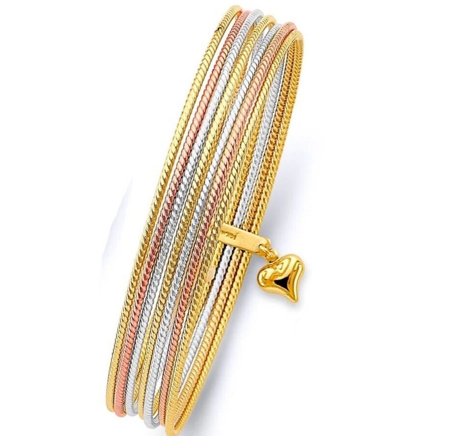 NEW 14K TRI COLOR GOLD 7DAYS HOLLOW BANGLE: NEW 14K TRI COLOR GOLD 7DAYS HOLLOW BANGLE 7DAYS HOLLOW BANGLE NEW 14K TRI COLOR GOLD LENGTH - 7in Apx WEIGHT - 11.6g .