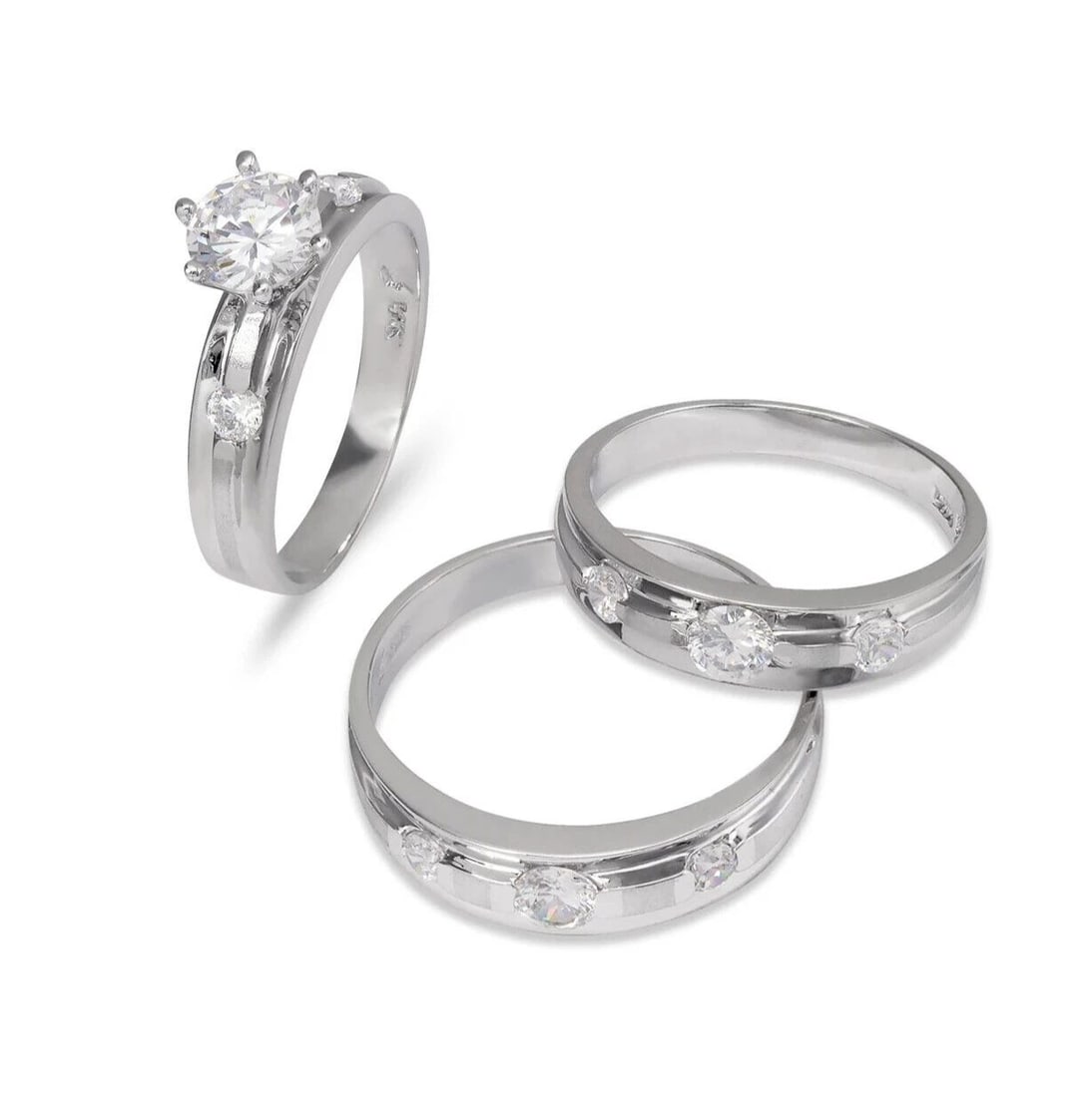 NEW 14K WHITE GOLD WEDDING TRIO RING SET: NEW 14K WHITE GOLD WEDDING TRIO RING SET 14K White Gold Ladies band and engagement ring is size 7 Men's ring is size 10 Rings Also Sold Separately Available in Yellow Gold Weight: 9.7 Grams