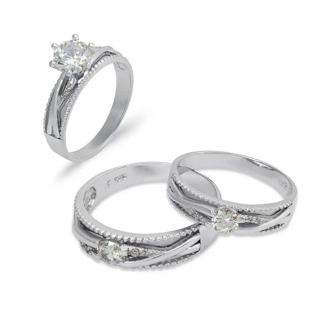 NEW 14K WHITE GOLD WEDDING TRIO RING SET: NEW 14K WHITE GOLD WEDDING TRIO RING SET 14K White Gold Ladies band and engagement ring is size 7 Men's ring is size 10 Rings Also Sold Separately Available in Yellow and Tricolor Gold Weight: 9.5 Gra