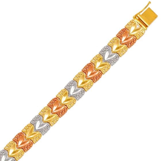 NEW 14K TRICOLOR GOLD FACETED DIAMOND CUT BRACELET: NEW 14K TRICOLOR GOLD FACETED DIAMOND CUT BRACELET FACETED DIAMOND CUT BRACELET NEW 14K TRICOLOR GOLD LENGTH: 7" inch AVERAGE Apx WEIGHT : 13.7g