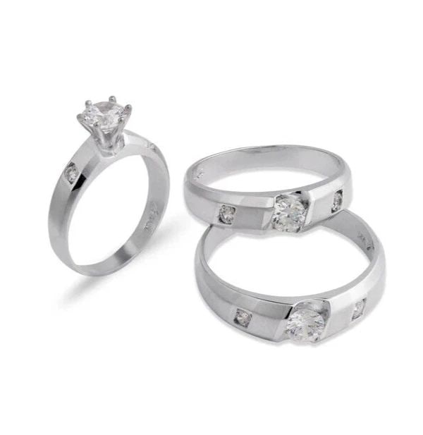 NEW 14K WHITE GOLD WEDDING TRIO RING SET: NEW 14K WHITE GOLD WEDDING TRIO RING SET 14K White Gold Ladies band and engagement ring is size 7 Men's ring is size 10 Rings Also Sold Separately Available in Yellow Gold Weight: 9.1 Grams