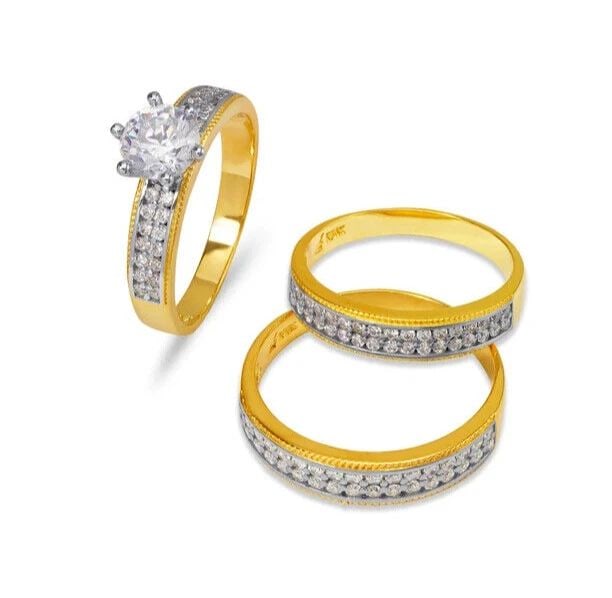 NEW 14K TWO TONE GOLD WEDDING TRIO RING SET: NEW 14K TWO TONE GOLD WEDDING TRIO RING SET 14K Two Tone Gold Ladies band and engagement ring is size 7 Men's ring is size 10 Rings Also Sold Separately Available in White Gold Weight: 8.2 Grams
