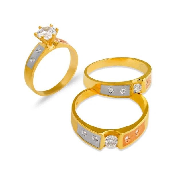 NEW 14K TRI COLOR GOLD WEDDING TRIO RING SET: NEW 14K TRI COLOR GOLD WEDDING TRIO RING SET 14K Tricolor Gold Ladies band and engagement ring is size 7 Men's ring is size 10 Rings Also Sold Separately Available in Yellow and White Gold Weight: 8.1