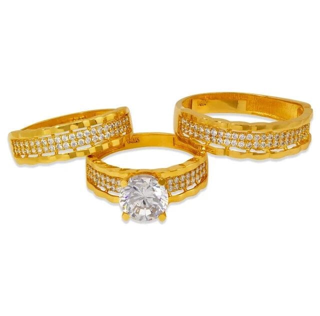 NEW 14K YELLOW GOLD WEDDING TRIO RING SET: NEW 14K YELLOW GOLD WEDDING TRIO RING SET 14K Yellow Gold Approx. 8mm Stone, 6mm Ladies Band, 6mm Men's Band High Polished Cubic Zirconia Weight: 8.1 Grams