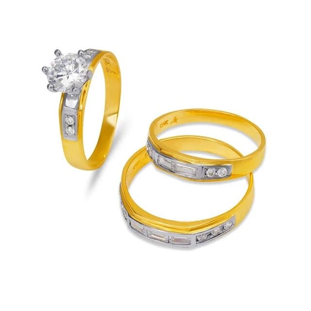 NEW 14K TWO TONE GOLD WEDDING TRIO RING SET: NEW 14K TWO TONE GOLD WEDDING TRIO RING SET 14K Two Tone Gold Ladies band and engagement ring is size 7 Men's ring is size 10 Rings Also Sold Separately Weight: 7.9 Grams