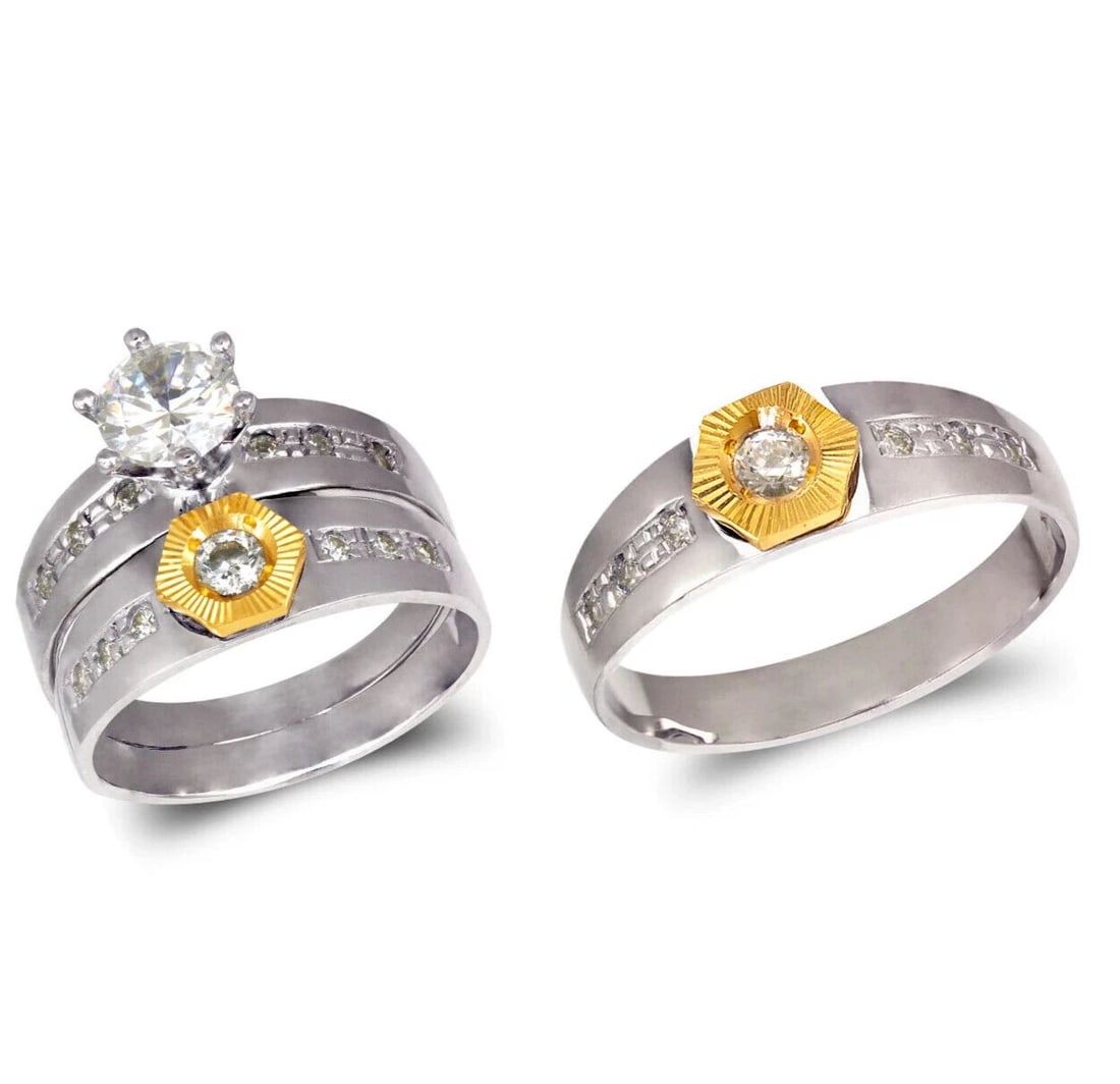 NEW 14K TWO TONE GOLD WEDDING TRIO RING SET: NEW 14K YELLOW GOLD WEDDING TRIO RING SET 14K Yellow Gold Ladies band and engagement ring is size 7 Men's ring is size 10 Rings Also Sold Separately Available in White Gold Weight: 7.7 Grams