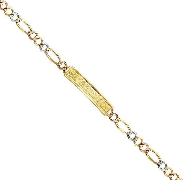 NEW 14K TRI COLOR GOLD DC FIGARO FRAME ID BRACELET: NEW 14K TRI COLOR GOLD DC FIGARO FRAME ID BRACELET DC FIGARO FRAME ID BRACELET NEW 14K TRI COLOR GOLD LENGTH - 8in Apx WEIGHT - 11.3g