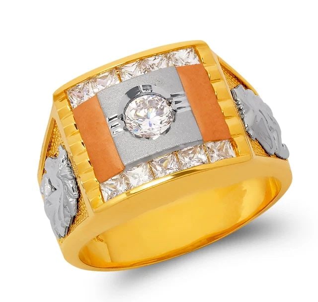 NEW 14K TRICOLOR GOLD MEN'S FANCY RING: NEW 14K TRICOLOR GOLD MEN'S FANCY RING MEN'S FANCY RING NEW 14K TRICOLOR GOLD SIZE Apx: 13mm Apx. WEIGHT: 10.7g