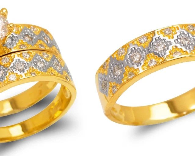 NEW 14K TWO TONE GOLD TWO TONE WEDDING TRIO RING SET (1 of 2)