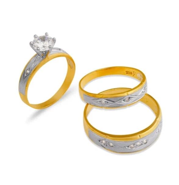 NEW 14K TWO TONE GOLD WEDDING TRIO RING SET: NEW 14K TWO TONE GOLD WEDDING TRIO RING SET 14K Two Tone Gold Ladies band and engagement ring is size 7 Men's ring is size 10 Rings Also Sold Separately Available in White Gold Weight: 7.2 Grams