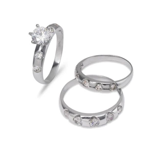 NEW 14K WHITE GOLD WEDDING TRIO RING SET: NEW 14K WHITE GOLD WEDDING TRIO RING SET 14K White Gold Ladies band and engagement ring is size 7 Men's ring is size 10 Rings Also Sold Separately Available in Yellow Gold Weight: 7.1 Grams