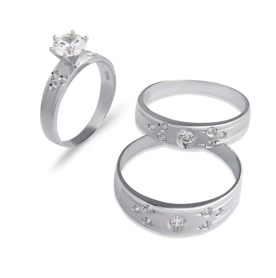 NEW 14K WHITE GOLD WEDDING TRIO RING SET: NEW 14K WHITE GOLD WEDDING TRIO RING SET 14K White Gold Ladies band and engagement ring is size 7 Men's ring is size 10 Rings Also Sold Separately Available in Yellow Gold Weight: 7.0 Grams