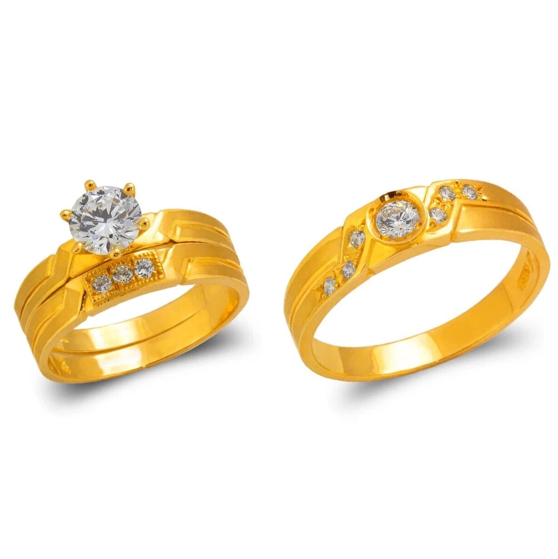NEW 14K YELLOW GOLD WEDDING TRIO RING SET: NEW 14K YELLOW GOLD WEDDING TRIO RING SET 14K Yellow Gold Ladies band and engagement ring is size 7 Men's ring is size 10 Rings Also Sold Separately Available in Two Tone Gold Weight: 7.0 Grams