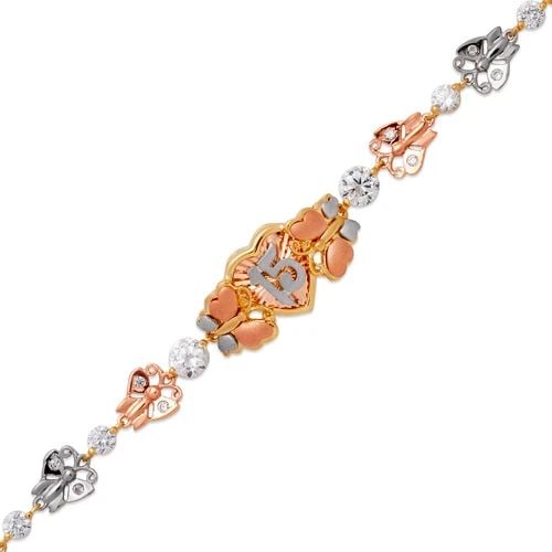 NEW 14K TRICOLOR GOLD FANCY 15 ANOS BRACELET: NEW 14K TRICOLOR GOLD FANCY 15 ANOS BRACELET FANCY 15 ANOS BRACELET NEW 14K TRICOLOR GOLD LENGTH: 7" inch AVERAGE Apx WEIGHT: 10.2g