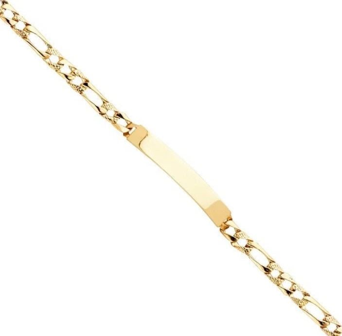 NEW 14K YELLOW GOLD LIGHT NUGGET FIGARO LINK ID BRACELET: NEW 14K YELLOW GOLD LIGHT NUGGET FIGARO LINK ID BRACELET LIGHT NUGGET FIGARO LINK ID BRACELET NEW 14K YELLOW GOLD LENGTH - 8in Apx WEIGHT - 10g