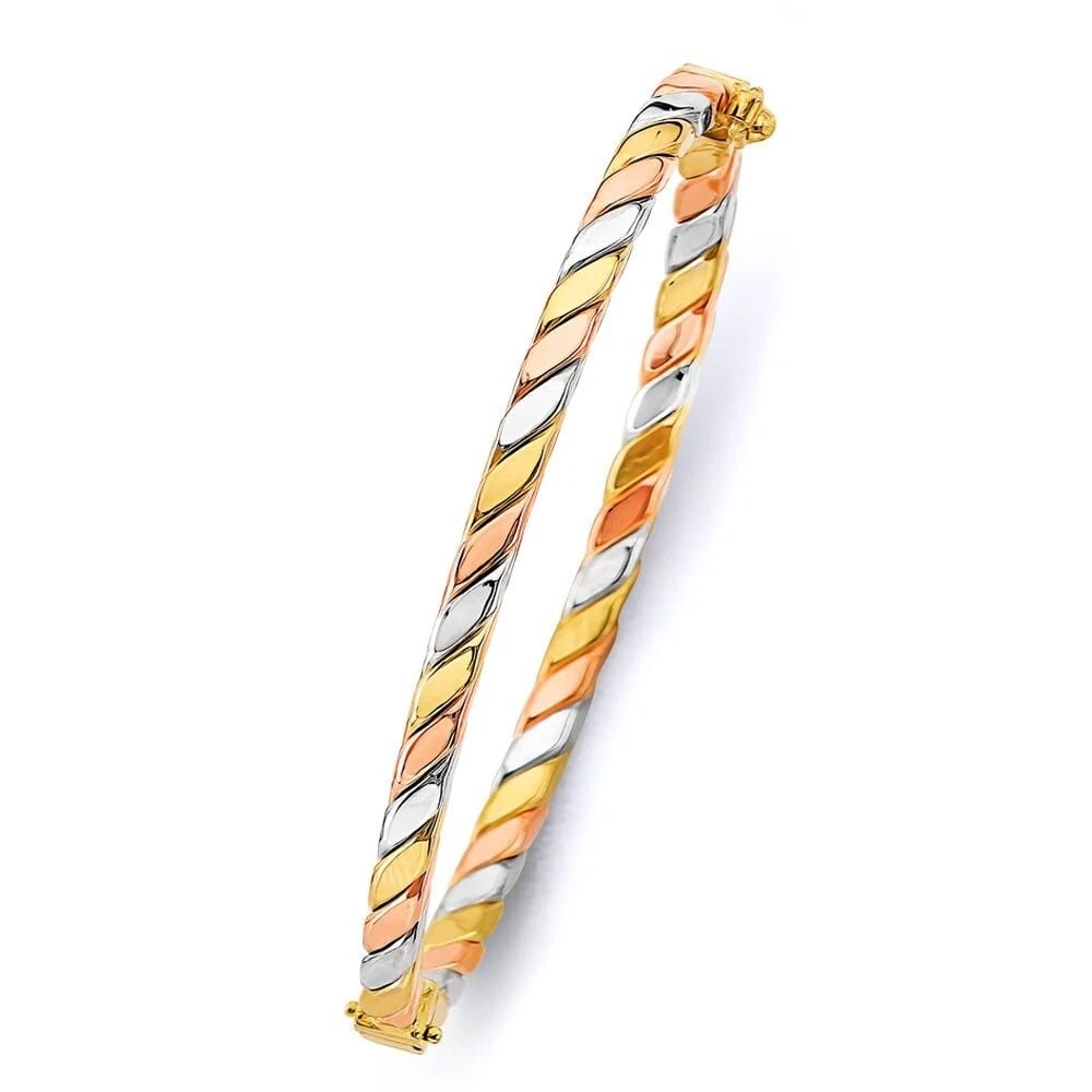 NEW 14K TRI COLOR GOLD SQUARE TUBE HOLLOW BRAIDED OVAL BANGLE: NEW 14K TRI COLOR GOLD SQUARE TUBE HOLLOW BRAIDED OVAL BANGLE SQUARE TUBE HOLLOW BRAIDED OVAL BANGLE NEW 14K TRI COLOR GOLD LENGTH - 7in Apx WEIGHT - 7.2g .