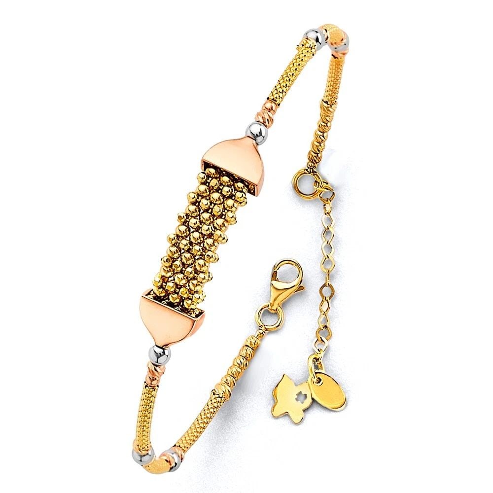 NEW 14K TRI COLOR GOLD FANCY ADJUST OVAL BANGLE WITH BALL: NEW 14K TRI COLOR GOLD FANCY ADJUST OVAL BANGLE WITH BALL FANCY ADJUST OVAL BANGLE WITH BALL NEW 14K TWO TONE GOLD LENGTH - 7in Apx WEIGHT - 7.1g .