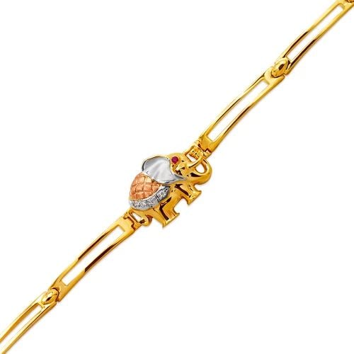 NEW 14K TRICOLOR GOLD FANCY ELEPHANT BRACELET: NEW 14K TRICOLOR GOLD FANCY ELEPHANT BRACELET FANCY ELEPHANT BRACELET NEW 14K TRICOLOR GOLD LENGTH: 7" inch AVERAGE Apx WEIGHT: 9.5g