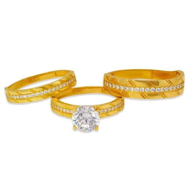 NEW 14K YELLOW GOLD WEDDING TRIO RING SET: NEW 14K YELLOW GOLD WEDDING TRIO RING SET 14K Yellow Gold Approx. 8mm Stone, 4mm Ladies Band, 5mm Men's Band High Polished Weight: 6.3 Grams