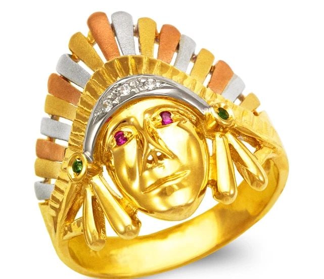 NEW 14K TRICOLOR GOLD MEN'S FANCY INDIAN CHIEF RING: NEW 14K TRICOLOR GOLD MEN'S FANCY INDIAN CHIEF RING MEN'S FANCY INDIAN CHIEF RING NEW 14K TRICOLOR GOLD SIZE Apx: 24mm Apx. WEIGHT: 9.1g
