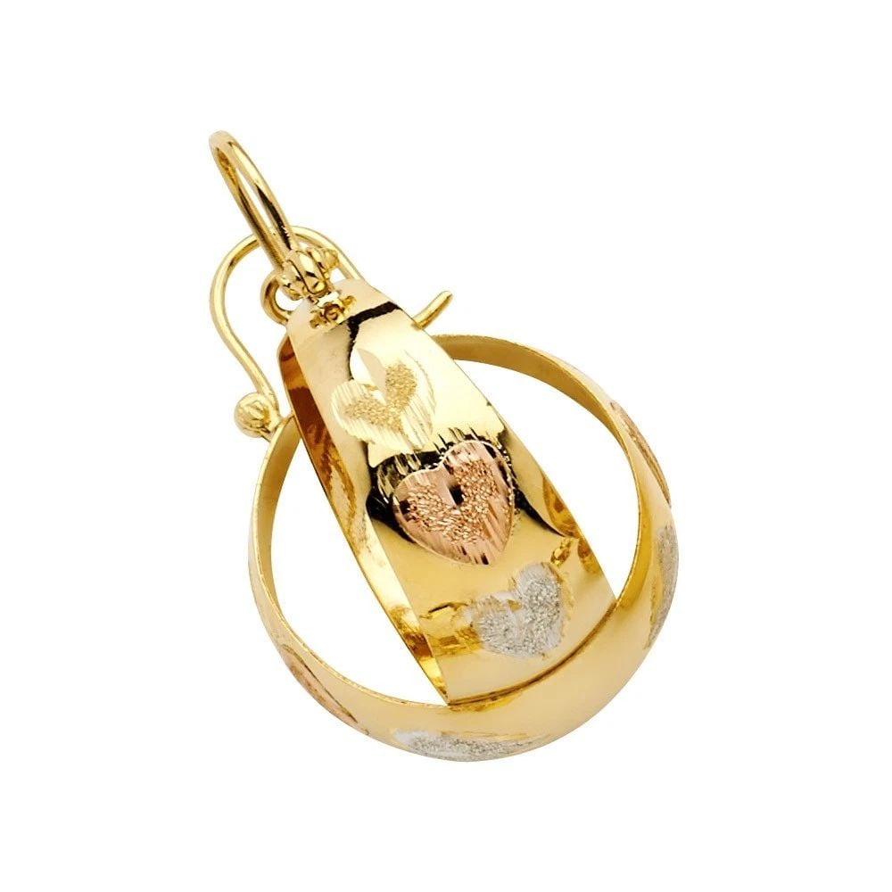 NEW 14K TRI COLOR GOLD HEART DC GRADUATED HOOP EARRINGS: NEW 14K TRI COLOR GOLD HEART DC GRADUATED HOOP EARRINGS HEART DC GRADUATED HOOP EARRINGS NEW 14K TRI COLOR GOLD HEIGHT - 30 mm WIDTH - 30 mm Apx WEIGHT - 6.9 g