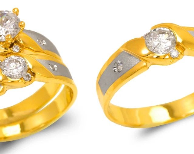 NEW 14K TWO TONE GOLD TWO TONE WEDDING TRIO RING SET (1 of 2)