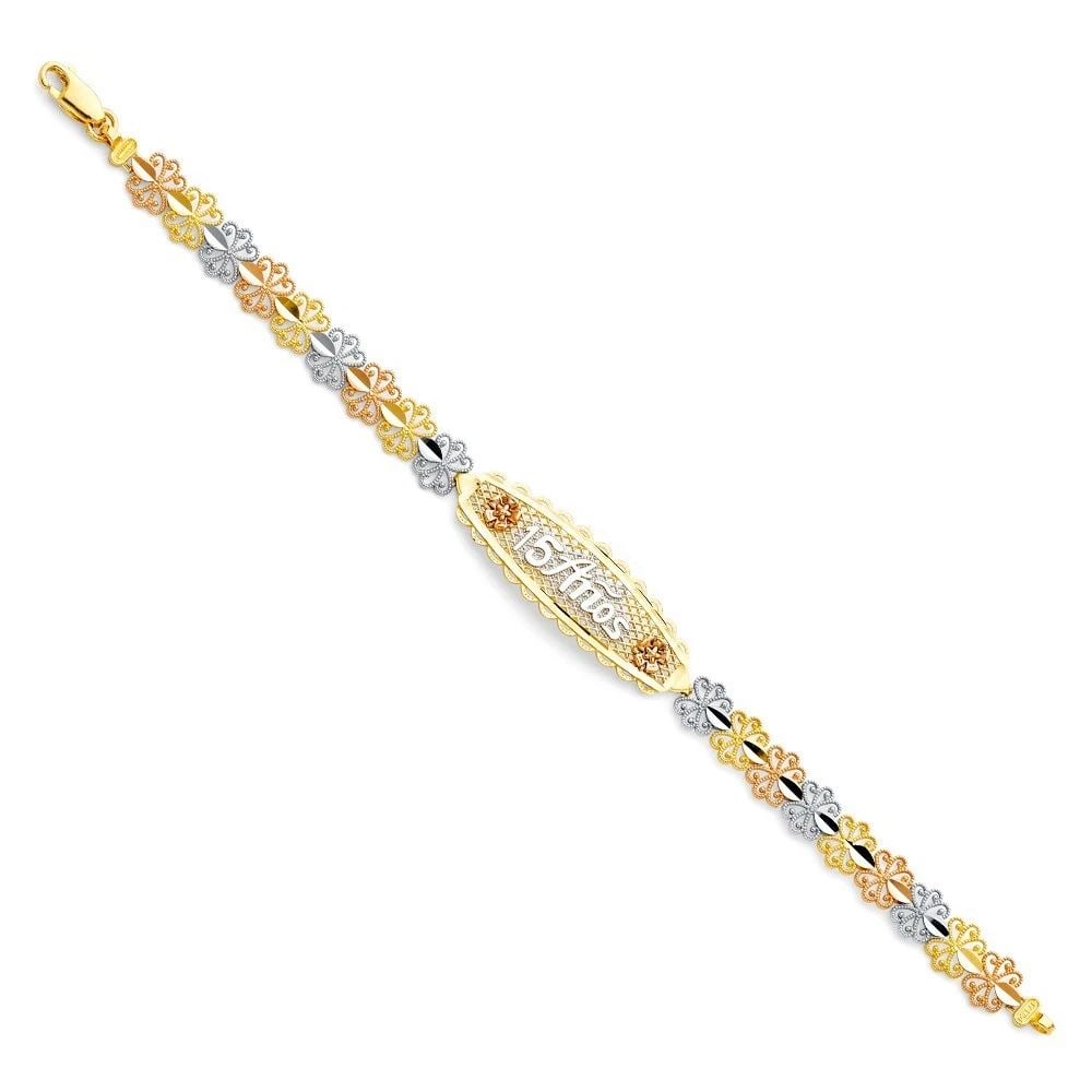 NEW 14K TRI COLOR GOLD 15 YEARS ID BRACELET: NEW 14K TRI COLOR 15 YEARS ID BRACELET 14K MULTI COLOR GOLD NEW TRI COLOR 15 YEARS ID BRACELET WEIGHT: 8.6 g LENGTH: 7.25in