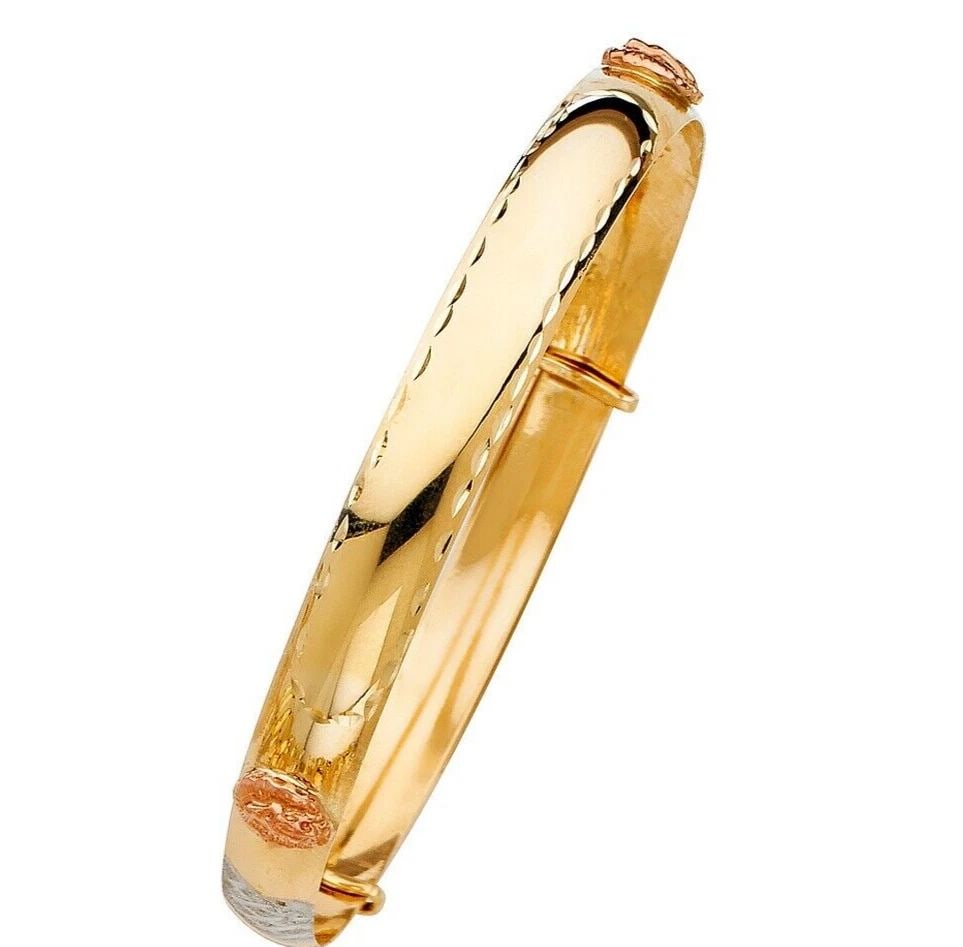 NEW 14K TRI COLOR GOLD ADJUSTABLE BANGLE: NEW 14K TRI COLOR GOLD ADJUSTABLE BANGLE ADJUSTABLE BANGLE NEW 14K TRI COLOR GOLD LENGTH - 7in Apx WEIGHT - 6.3g .