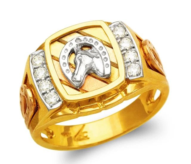 NEW 14K TRICOLOR GOLD MEN'S FANCY HORSE IN HORSESHOE RING: NEW 14K TRICOLOR GOLD MEN'S FANCY HORSE IN HORSESHOE RING MEN'S FANCY HORSE IN HORSESHOE RING NEW 14K TRICOLOR GOLD SIZE Apx: 15mm Apx. WEIGHT: 8.5g
