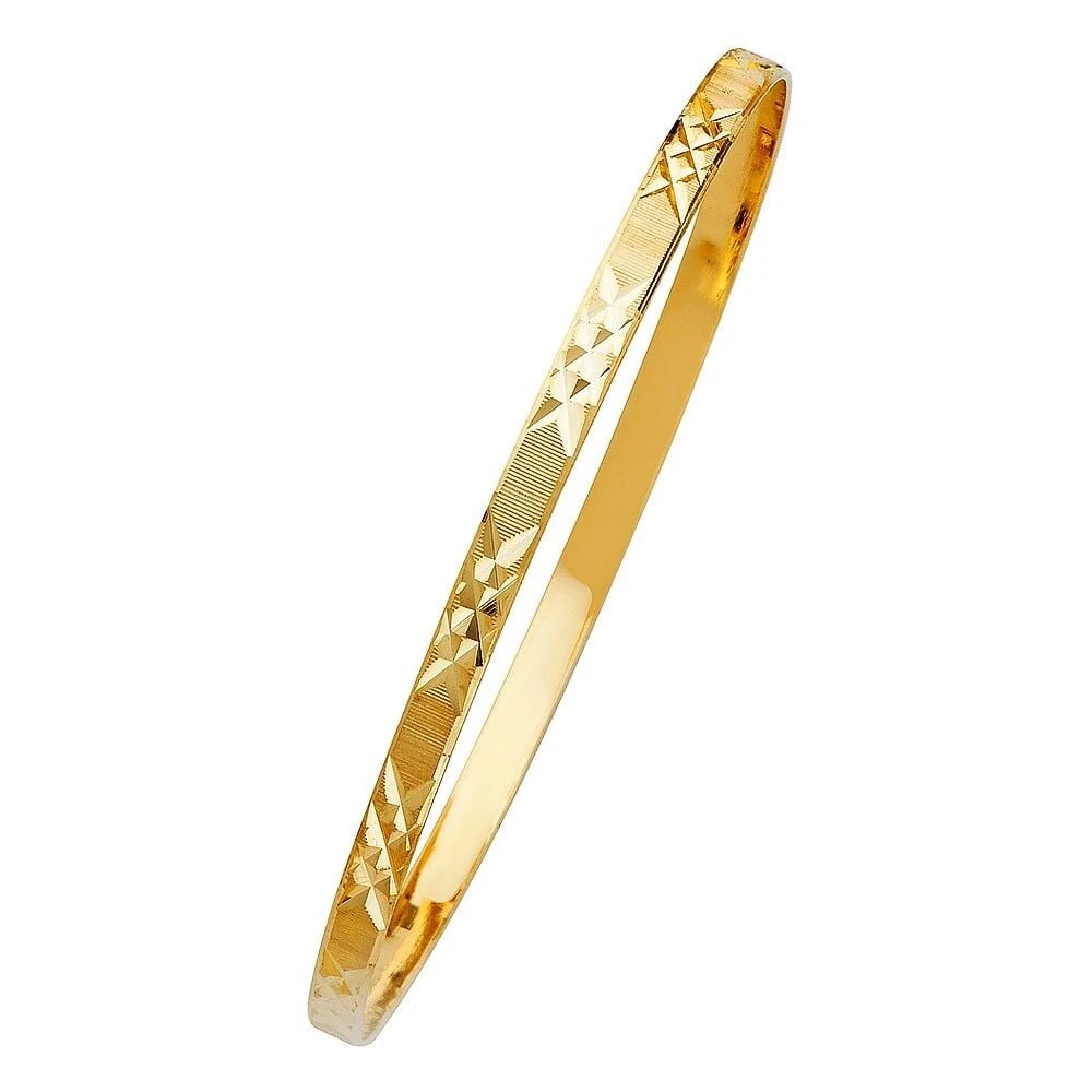 NEW 14K YELLOW GOLD 4MM SOLID BANGLE: NEW 14K YELLOW GOLD 4MM SOLID BANGLE 4MM SOLID BANGLE NEW 14K YELLOW GOLD LENGTH - 7in Apx WEIGHT - 6.1g