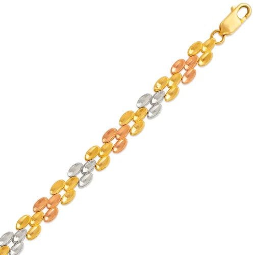 NEW 14K TRICOLOR GOLD FACETED DIAMOND CUT BRACELET: NEW 14K TRICOLOR GOLD FACETED DIAMOND CUT BRACELET FACETED DIAMOND CUT BRACELET NEW 14K TRICOLOR GOLD LENGTH: 7" inch AVERAGE Apx WEIGHT: 8.3g