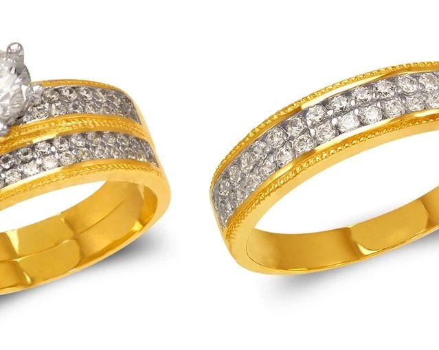 NEW 14K TWO TONE GOLD TWO TONE WEDDING TRIO RING SET: NEW 14K TWO TONE GOLD TWO TONE WEDDING TRIO RING SET TWO TONE WEDDING TRIO RING SET NEW 14K TWO TONE GOLD Apx. WIDTH: 6mm Apx. WEIGHT: 8.2g