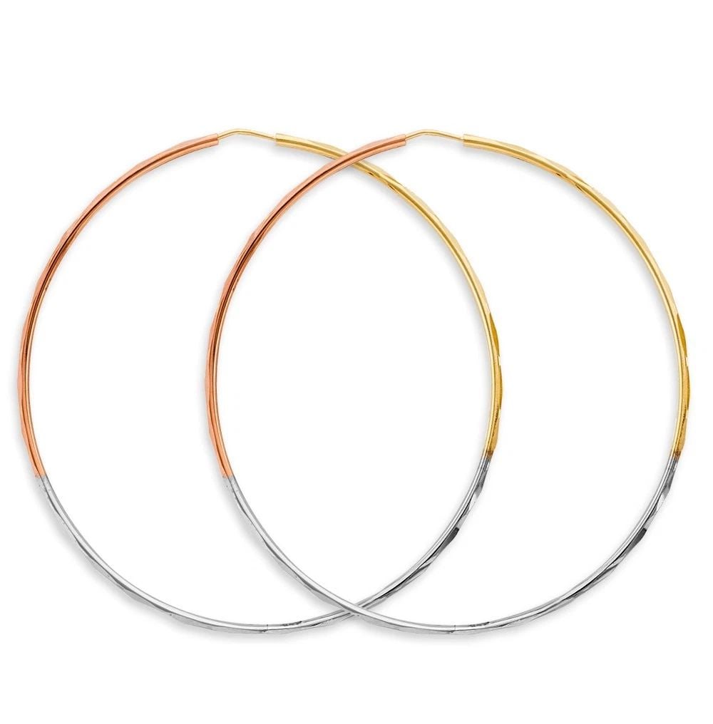NEW 14K TRI COLOR GOLD 1.5MM FACETED ROUND HOOP EARRINGS (65MM): NEW 14K TRI COLOR GOLD 1.5MM FACETED ROUND HOOP EARRINGS (65MM) 1.5MM FACETED ROUND HOOP EARRINGS (65MM) NEW 14K TRI COLOR GOLD HEIGHT - 65 mm WIDTH - 65 mm Apx WEIGHT - 6.1 g