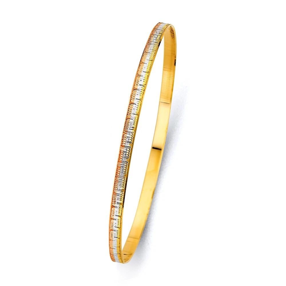 NEW 14K TRI COLOR GOLD 3.5MM SOLID BANGLE: NEW 14K TRI COLOR GOLD 3.5MM SOLID BANGLE 3.5MM SOLID BANGLE NEW 14K TRI COLOR GOLD LENGTH - 7in Apx WEIGHT - 5.7g