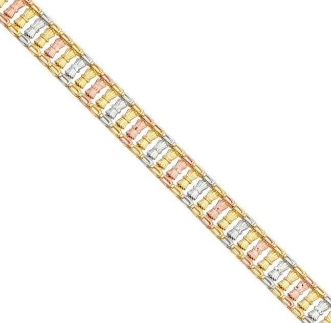 NEW 14K TRI COLOR GOLD FANCY BRACELET: NEW 14K TRI COLOR GOLD FANCY BRACELET FANCY BRACELET NEW 14K TRI COLOR GOLD LENGTH - 7.5in Apx WEIGHT - 7.5g