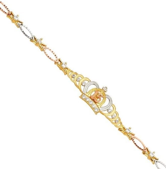 NEW 14K TRI COLOR GOLD 15 YEARS CROWN BRACELET: NEW 14K TRI COLOR GOLD 15 YEARS CROWN BRACELET 15 YEARS CROWN BRACELET NEW 14K TRI COLOR GOLD C Z LENGTH - 7.25in Apx WEIGHT - 7.2g