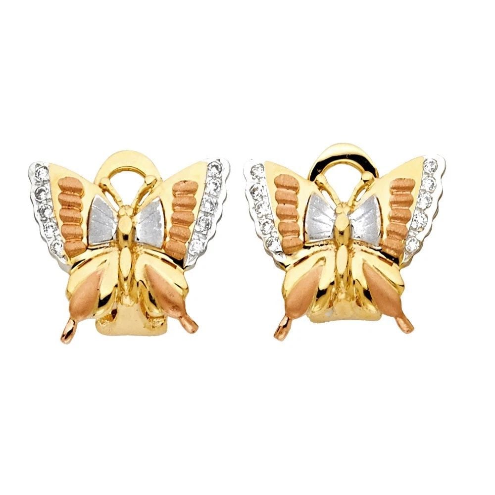 NEW 14K TRI COLOR GOLD BUTTERFLY EARRINGS WITH CLIP LOCK: NEW 14K TRI COLOR GOLD BUTTERFLY EARRINGS WITH CLIP LOCK BUTTERFLY EARRINGS WITH CLIP LOCK NEW 14K TRI COLOR GOLD HEIGHT - 15 mm WIDTH - 18 mm Apx WEIGHT - 5.4 g
