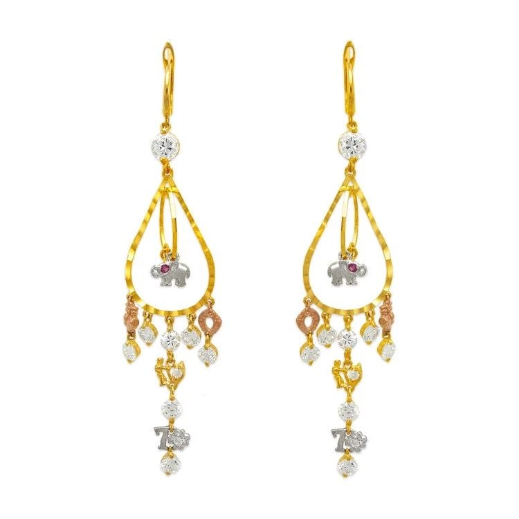 NEW 14K TRICOLOR GOLD FANCY CHANDELIER GOODLUCK EARRINGS: NEW 14K TRICOLOR GOLD FANCY CHANDELIER GOODLUCK EARRINGS FANCY CHANDELIER GOODLUCK EARRINGS NEW 14K TRICOLOR GOLD Width: Approx. 80mm Apx WEIGHT: 7g
