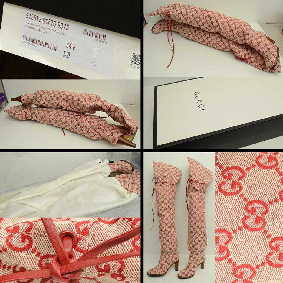AUTHENTIC GUCCI KNEE HIGH BOOTS WOMENS 523513 9SF20 9375 RED CANVAS GUCCISSIMA (1 of 2)