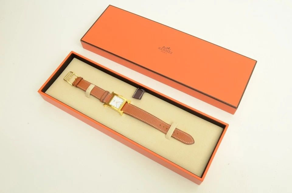 AUTHENTIC HERMES BROWN LEATHER GOLD PLATED H LOGO 20MM WATCH SUNBURST HH1.201 (1 of 2)
