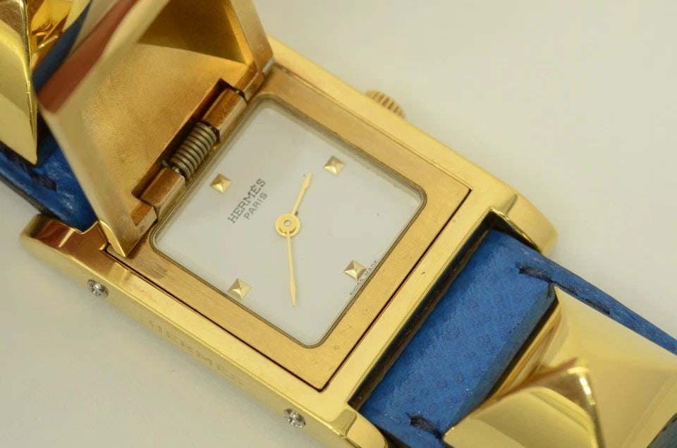 AUTHENTIC HERMES MEDOR SECRET 22MM WATCH VINTAGE BLUE LEATHER GP PYRAMID COVERED (1 of 2)