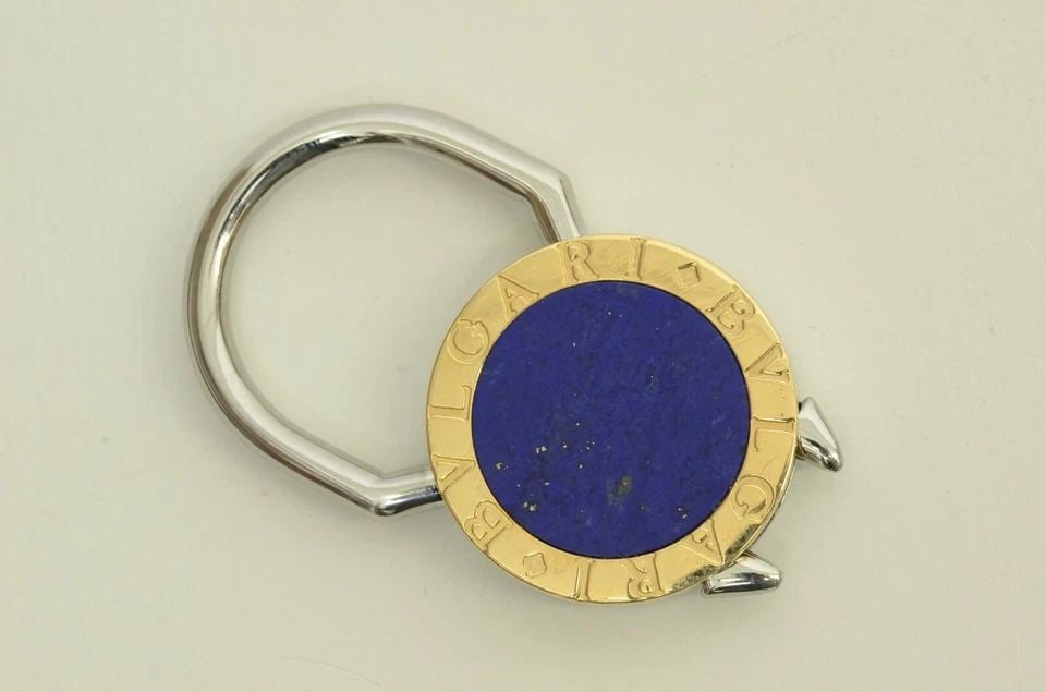 AUTHENTIC BVLGARI LAPIS LAZULI 18K GOLD KEYCHAIN VINTAGE LOGO CHARM ACCESSORY (1 of 2)