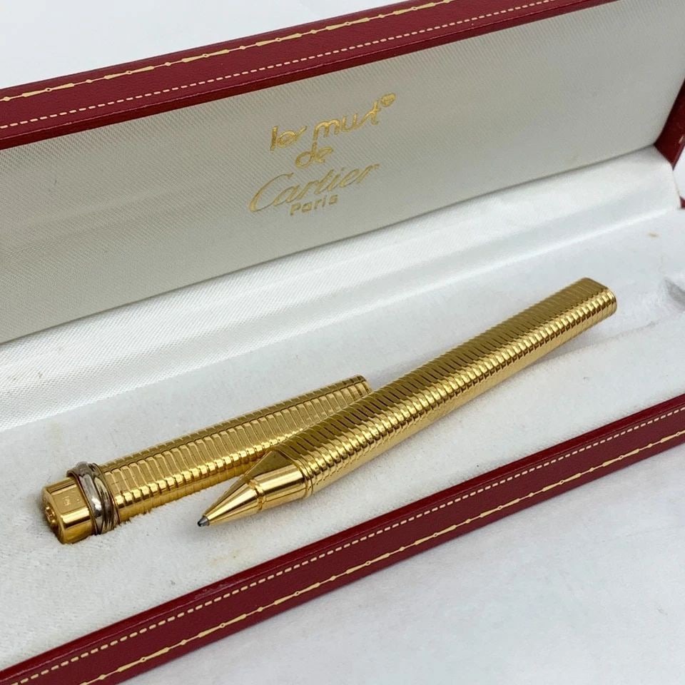 AUTHENTIC CARTIER BALLPOINT PEN GOLD STRIPED GP DECOR OFFICE DESK COLLECTIBLE (1 of 2)