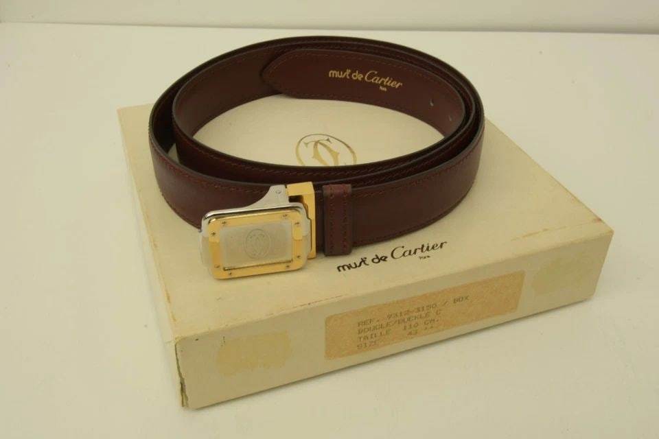 AUTHENTIC MUST DE CARTIER LEATHER BELT GALBEE STYLE SP GP LOGO BUCKLE BURGUNDY (1 of 2)