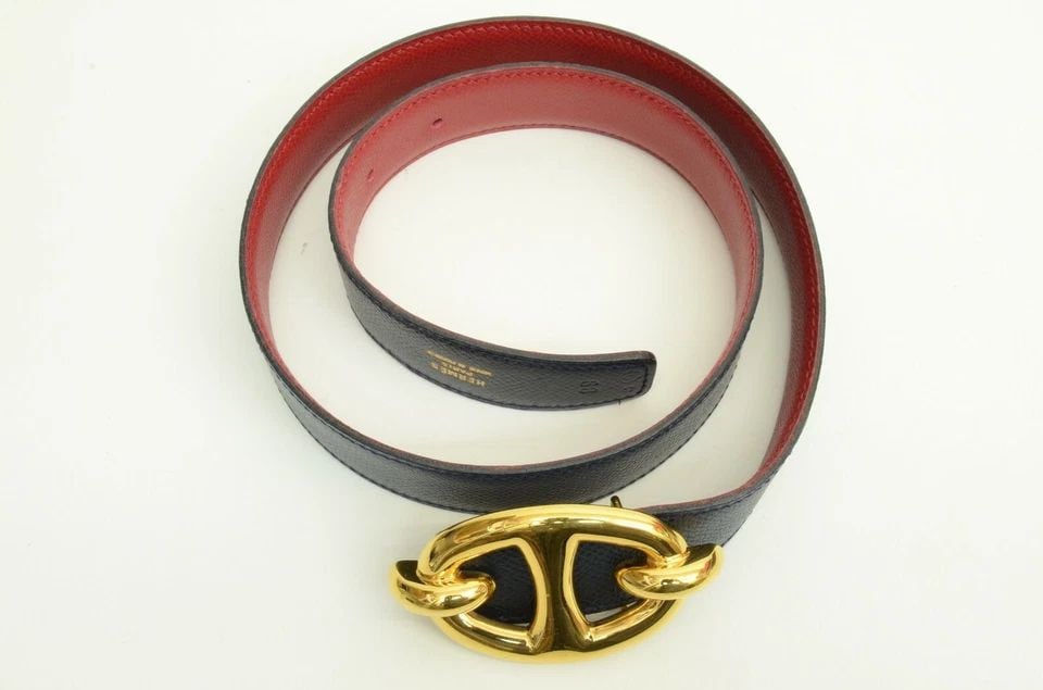 AUTHENTIC HERMES BELT NAVY LEATHER GP BUCKLE EMBLEM 1991 FASHION ACCESSORY (1 of 2)