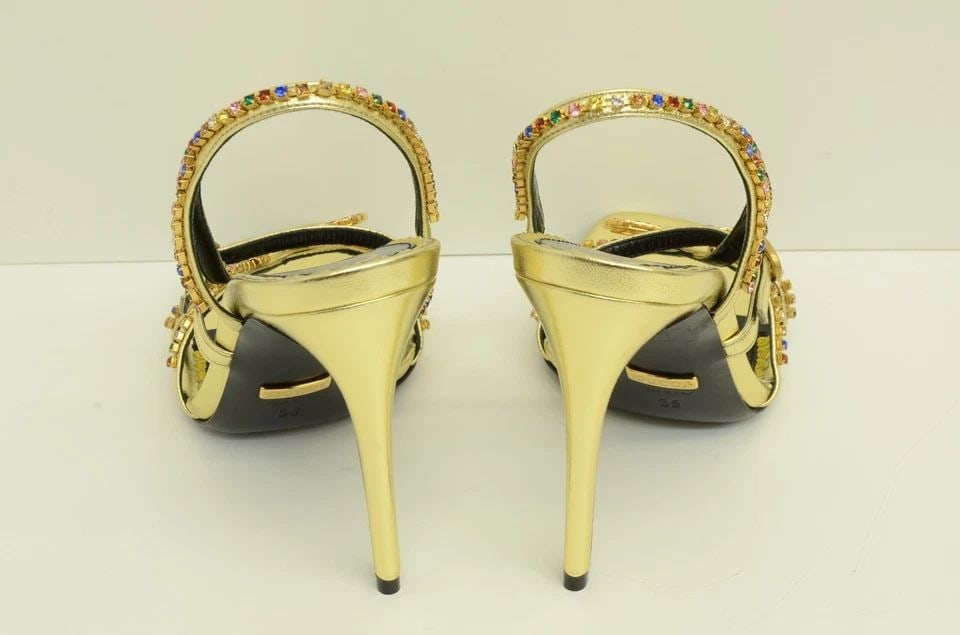 AUTHENTIC GUCCI GEMSTONE HEELS SHOES WOMENS NAPPA PLATINO GOLD 602526 B8B00 8053 (1 of 2)