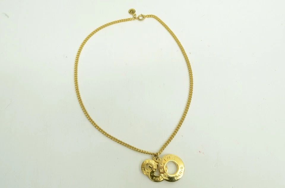 AUTHENTIC CELINE CIRCLE CHARM NECKLACE GP CHAIN LOOP EMBLEM SIGNATURE JEWELRY (1 of 2)